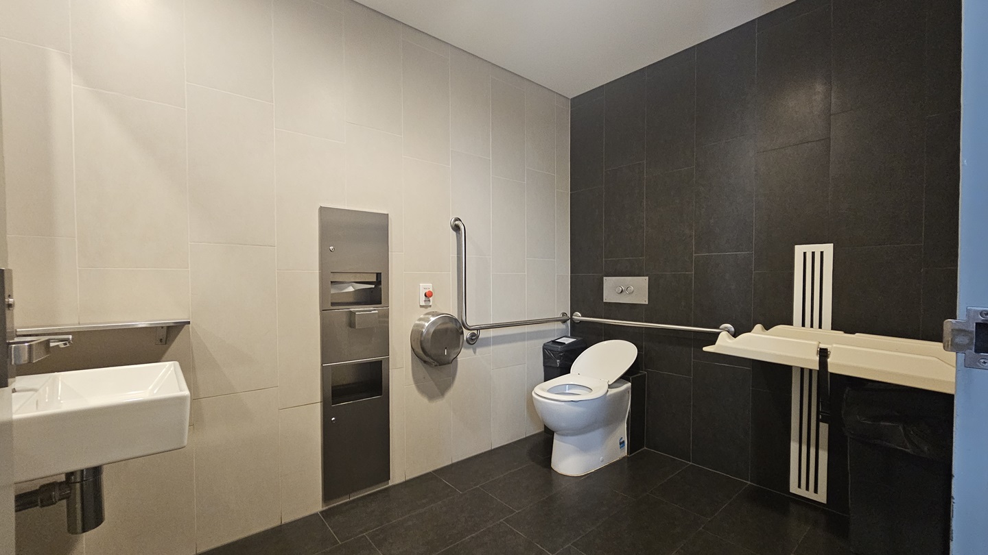 The accessible bathroom features a toilet bowl with hand grabs on the corner and tissue dispensers mounted to the wall. A change table is positioned to the right, with a rubbish bin underneath. To the left is a wash basin. The wall has black and white tiles, and the floor is black.