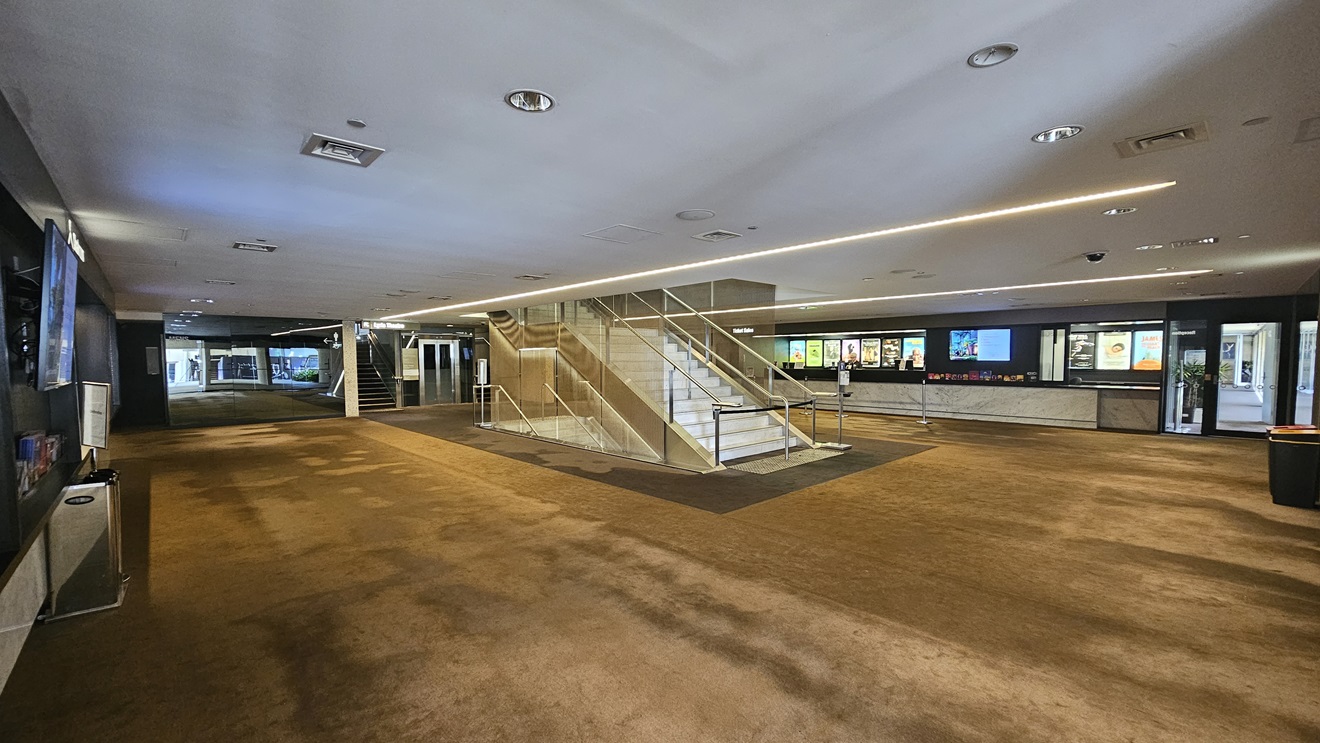 Manual glass doors equipped with a non-slippery mat. The door on the left is open, revealing stairs with handrails inside. The floor and ceiling are concrete with LED lights. Indoor plants adorn the right, and a glass railing secures the left.