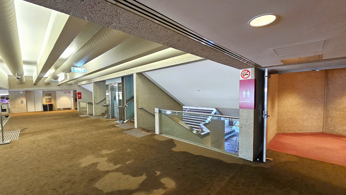 On the right, a lobby with a pink carpet leads to the regular toilets. Signages are affixed to the outer wall. Stairs with handrails and lifts are strategically positioned on both sides, all equipped with truncated domes for safety. The lobby has brown carpet. The ceiling and wall are made of concrete and have air conditioning vents.