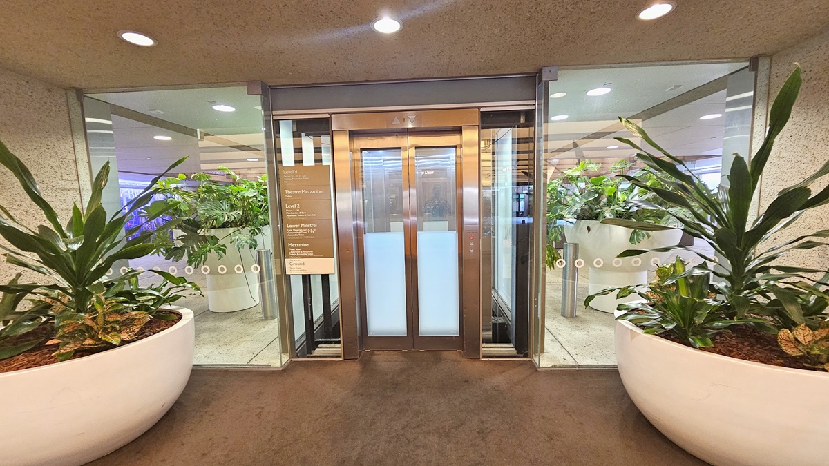 In the middle, a lift equipped with a poster. Large pots with indoor plants on both sides and two sets of plants inside. The ceiling and wall are concrete with LED lights, and the floor has dark grey carpet.