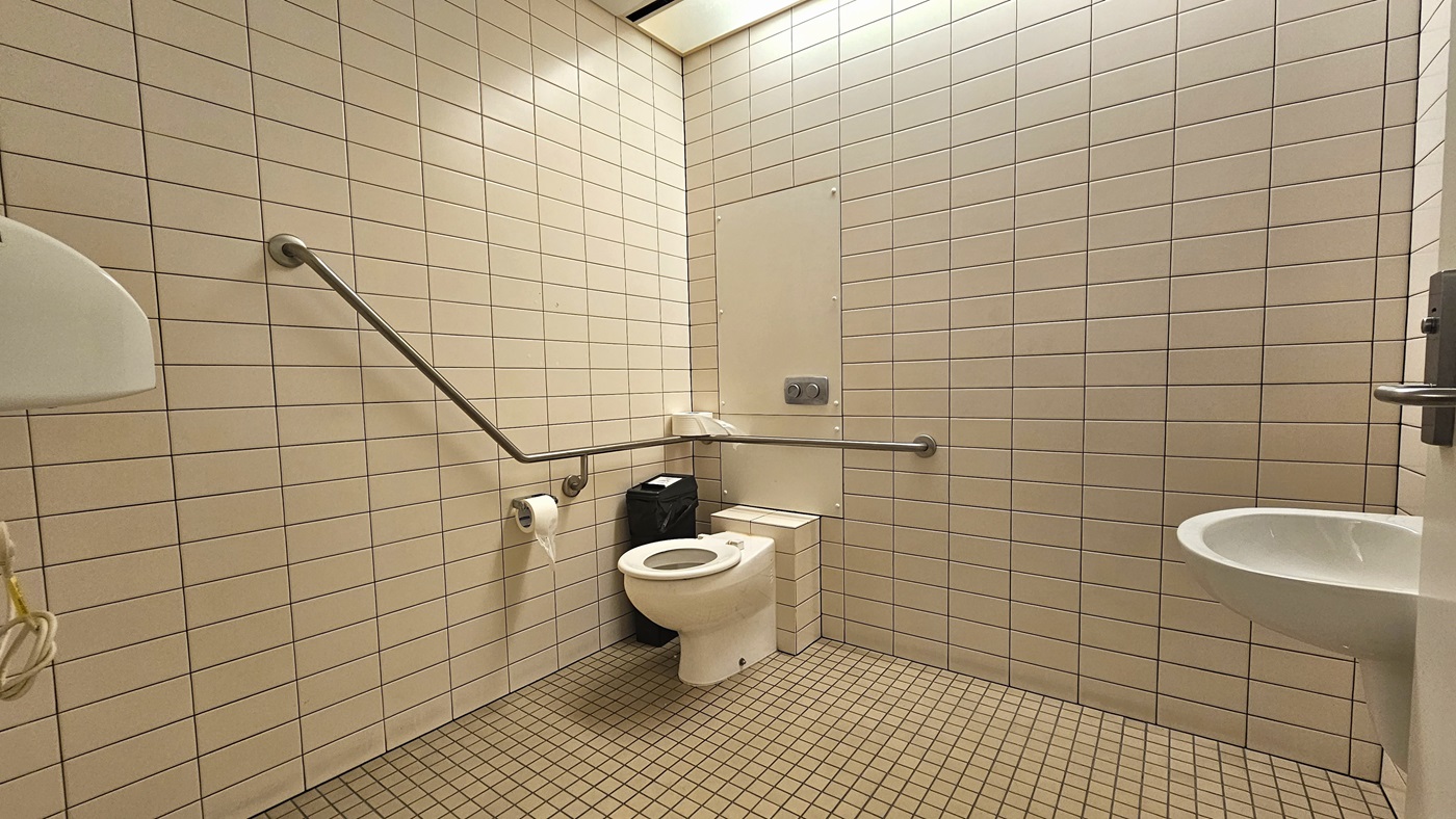 In the accessible bathroom, a toilet bowl with handrails is in the corner. Next to it, there's a tissue dispenser and a rubbish bin. Adjacent, a wash basin. White tiles adorn the walls and floor, while the ceiling matches in white.