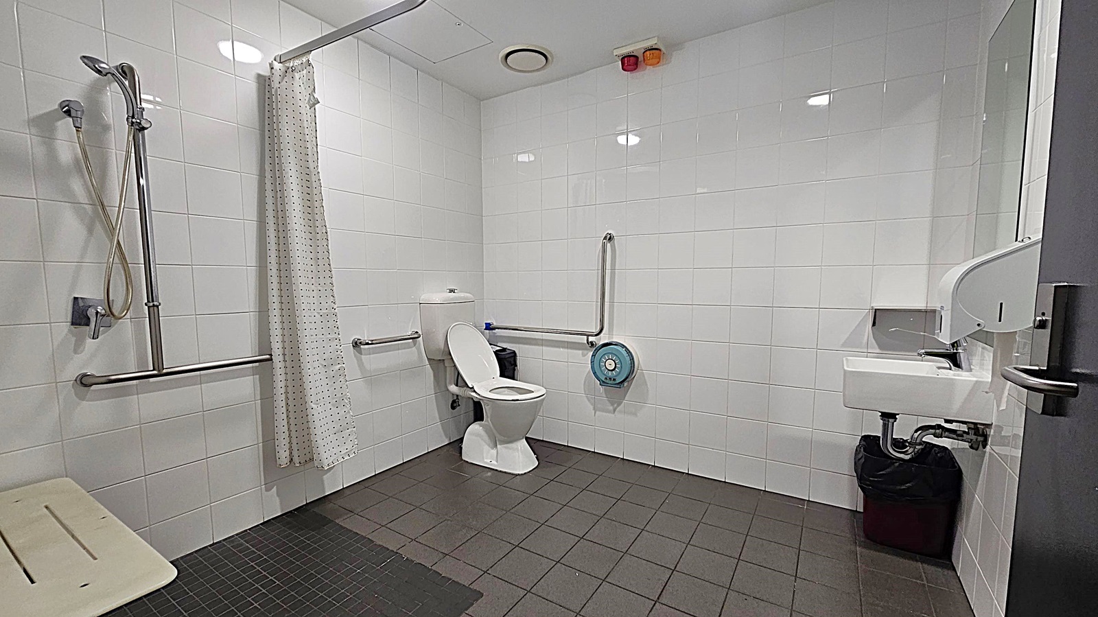 A spacious, accessible bathroom with white tiled walls and a dark tiled floor. On the left, there's a shower area with a handheld showerhead and a curtain. In the centre, a toilet with support rails on both sides. To the right, a sink with a mirror above it and a soap dispenser. A waste bin is beneath the sink. The ceiling has a circular light and a ventilation fan.