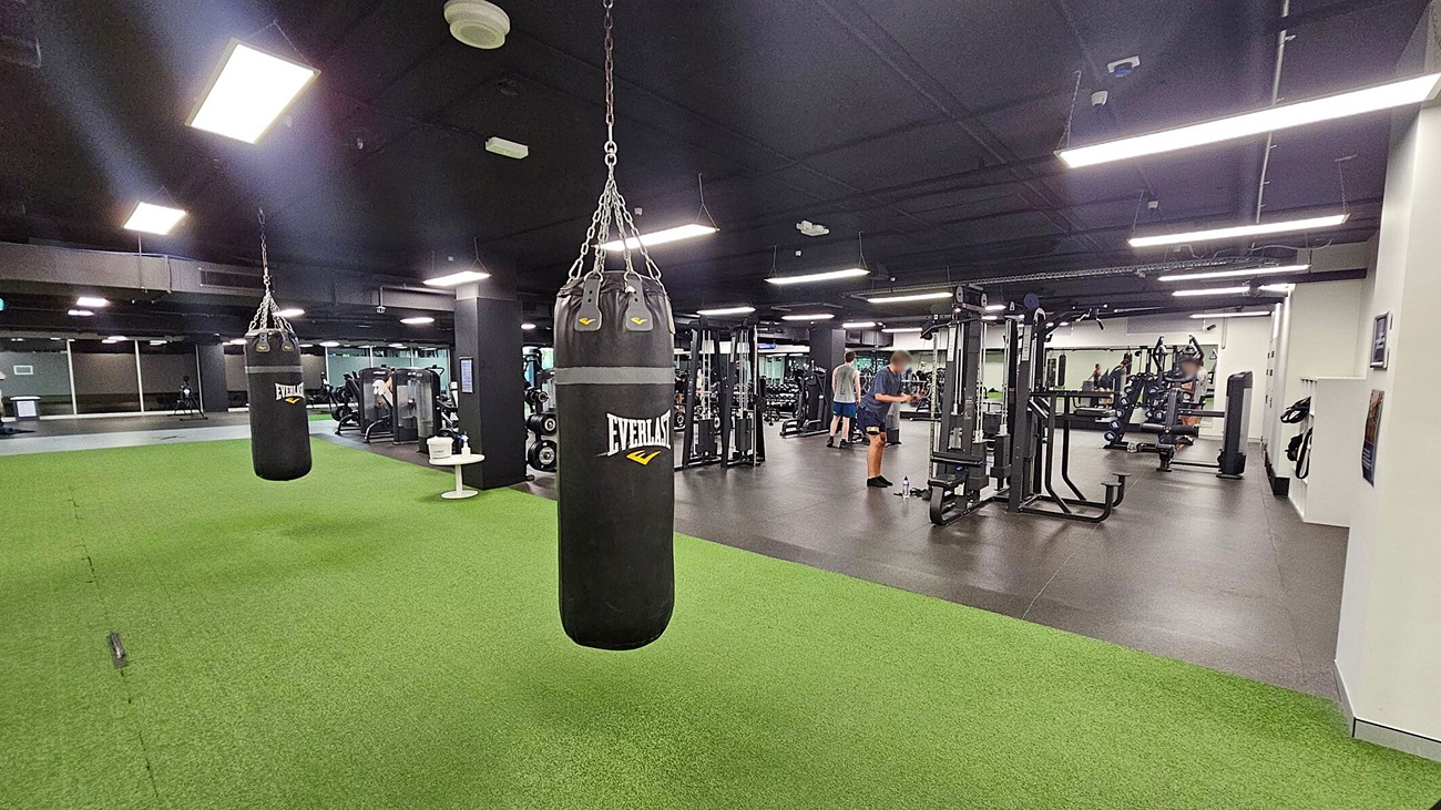 A gym interior with a green artificial turf area on the left, featuring two hanging punching bags. On the right, there is a workout area with various exercise machines and equipment. Several people are using the equipment. The ceiling is black with bright rectangular lights, and the floor is a mix of green turf and dark brown tiles.