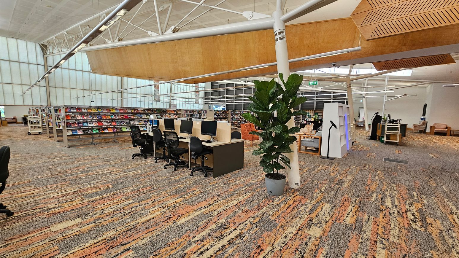 A spacious library interior with a patterned carpet floor. On the left, there are rows of bookshelves filled with books and magazines. In the centre, a row of computer desks with black chairs is visible. To the right, a large potted plant stands near a white column. The ceiling features exposed beams and wooden panels. In the background, more seating areas and bookshelves are visible, along with large windows allowing natural light to enter. A spacious library interior with a patterned carpet floor. On the left, there are rows of bookshelves filled with books and magazines. In the centre, a row of computer desks with black chairs is visible. To the right, a large potted plant stands near a white column. The ceiling features exposed beams and wooden panels. In the background, more seating areas and bookshelves are visible, along with large windows allowing natural light to enter.