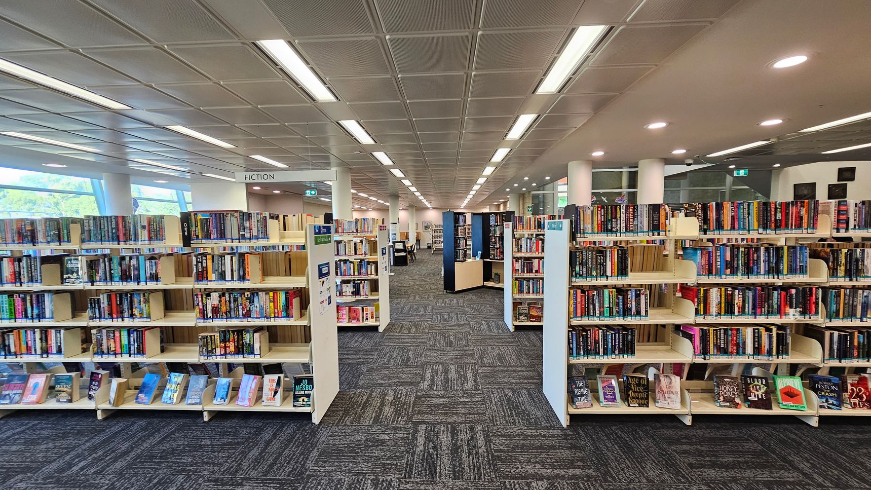 Bookshelves filled with books line both sides of a library aisle. The shelves are labelled "Fiction" and display a variety of book covers. The floor is carpeted with a grey and green pattern. The ceiling is fitted with rectangular lights and panels. In the background, more bookshelves and a desk are visible, along with large windows on the left side allowing natural light to enter.