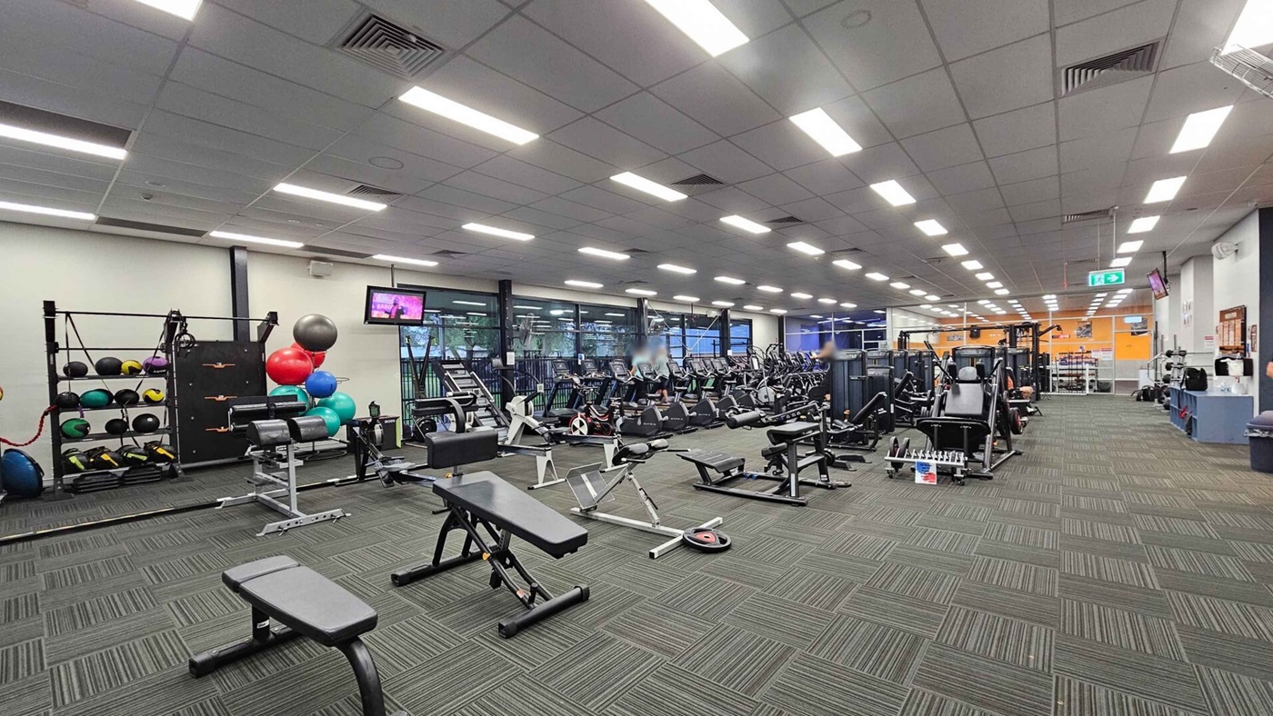 A spacious gym interior with a green carpeted floor. On the left, there are rows of exercise machines, including treadmills and rowing machines, near large windows. In the middle, various weightlifting benches and equipment are arranged. On the right, a wall with white cubby storage units, a whiteboard, and motivational posters. The ceiling is lined with bright fluorescent lights. A spacious gym interior with a green carpeted floor. On the left, there are rows of exercise machines, including treadmills and rowing machines, near large windows. In the middle, various weightlifting benches and equipment are arranged. On the right, a wall with white cubby storage units, a whiteboard, and motivational posters. The ceiling is lined with bright fluorescent lights.