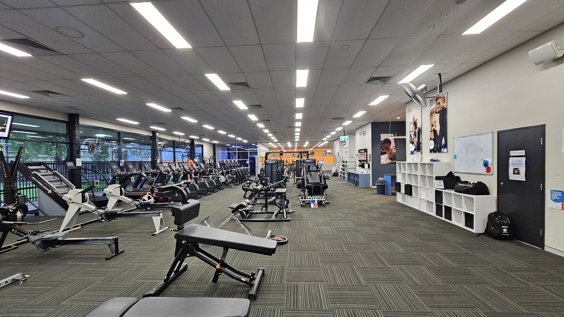 A spacious gym interior with a green carpeted floor. On the left, there are rows of exercise machines, including treadmills and rowing machines, near large windows. In the middle, various weightlifting benches and equipment are arranged. On the right, a wall with white cubby storage units, a whiteboard, and motivational posters. The ceiling is lined with bright fluorescent lights. A spacious gym interior with a green carpeted floor. On the left, there are rows of exercise machines, including treadmills and rowing machines, near large windows. In the middle, various weightlifting benches and equipment are arranged. On the right, a wall with white cubby storage units, a whiteboard, and motivational posters. The ceiling is lined with bright fluorescent lights.