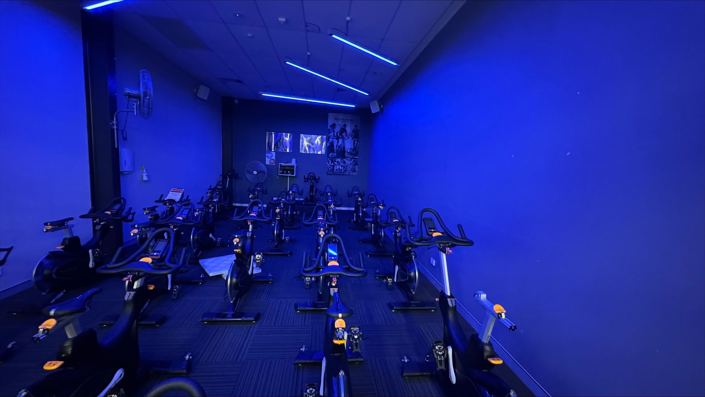 A dimly lit indoor cycling studio with a blue hue. On the left, several stationary bikes are lined up, with a wall-mounted fan above them. The right side also features more bikes, all facing the front of the room. The back wall has posters and a control panel. The ceiling has blue LED strip lights, and the floor is carpeted with a dark pattern. A dimly lit indoor cycling studio with a blue hue. On the left, several stationary bikes are lined up, with a wall-mounted fan above them. The right side also features more bikes, all facing the front of the room. The back wall has posters and a control panel. The ceiling has blue LED strip lights, and the floor is carpeted with a dark pattern.