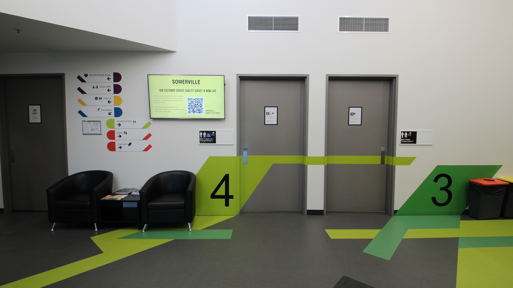Accessible toilet and change rooms 3 and 4 available on this floor of Somerville Recreation Centre. These two floors have different hues of green paint on some parts of its door and walls. On the right are rubbish bins with orange and yellow lids while on the left are two black sofas and a magazine table. A large TV is mounted on the wall and white small sign boards for the different amenities of the facility. Two exhaust hoods can be seen on the upper wall.