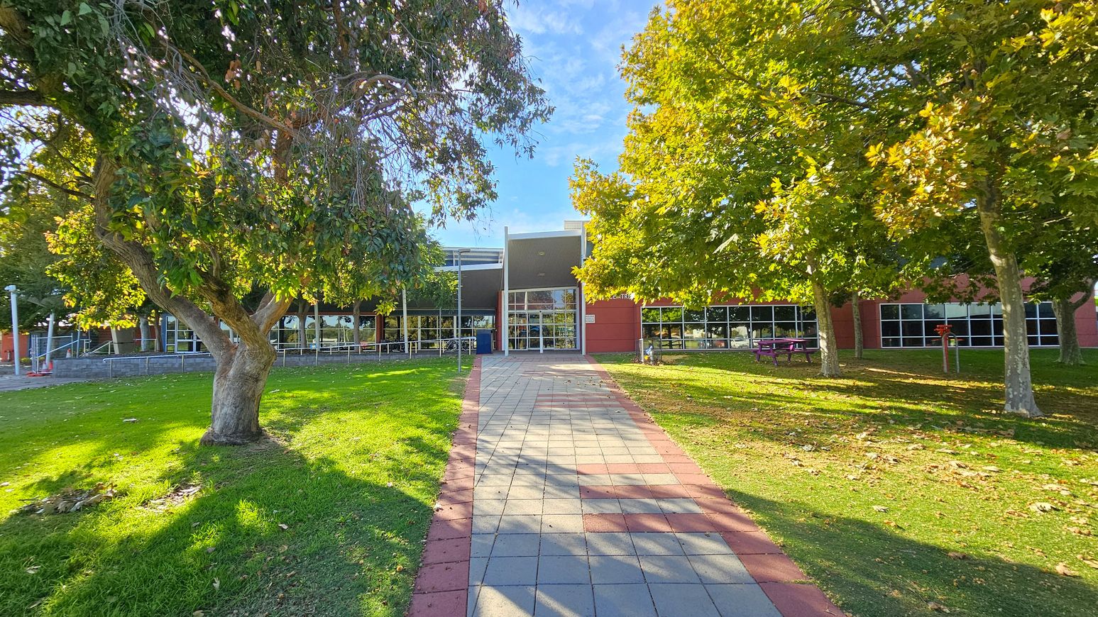 A paved walkway leads to a building with large glass windows and a modern design. On the left, a tree with dense foliage casts shadows on the grass. On the right, several trees with green and yellow leaves stand near a purple picnic table. The grass is dotted with fallen leaves. The building has a red and grey exterior, and the sky is clear. A paved walkway leads to a building with large glass windows and a modern design. On the left, a tree with dense foliage casts shadows on the grass. On the right, several trees with green and yellow leaves stand near a purple picnic table. The grass is dotted with fallen leaves. The building has a red and grey exterior, and the sky is clear.