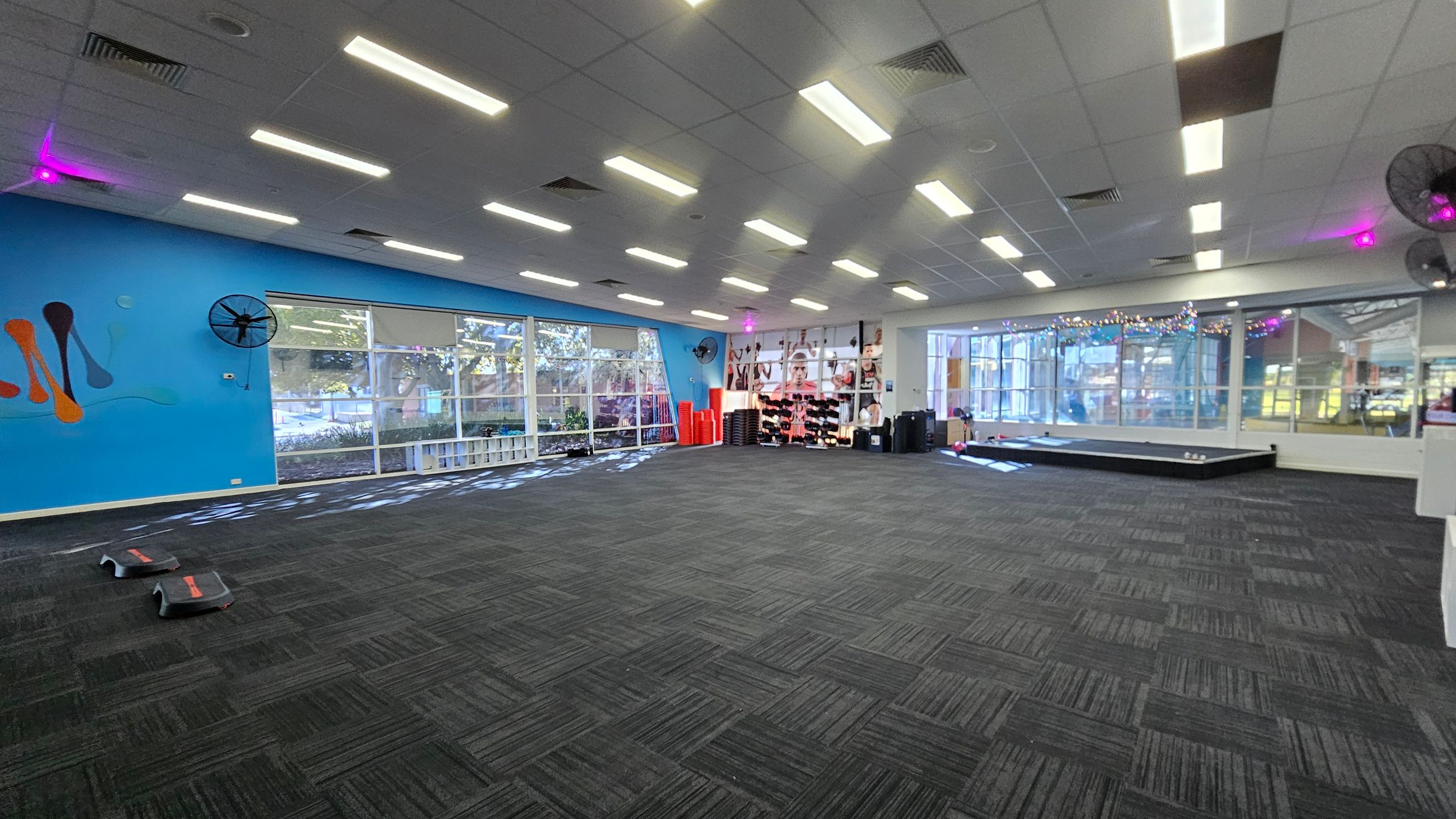 A spacious room with a dark carpeted floor and a ceiling with rectangular lights. On the left, a blue wall features abstract designs and large windows with views of trees outside. Two step platforms are on the floor. The right side has a mirrored wall with fairy lights and a small stage. Exercise equipment, including red mats and weights, is neatly arranged near the windows. Ceiling fans are mounted on the walls. A spacious room with a dark carpeted floor and a ceiling with rectangular lights. On the left, a blue wall features abstract designs and large windows with views of trees outside. Two step platforms are on the floor. The right side has a mirrored wall with fairy lights and a small stage. Exercise equipment, including red mats and weights, is neatly arranged near the windows. Ceiling fans are mounted on the walls.