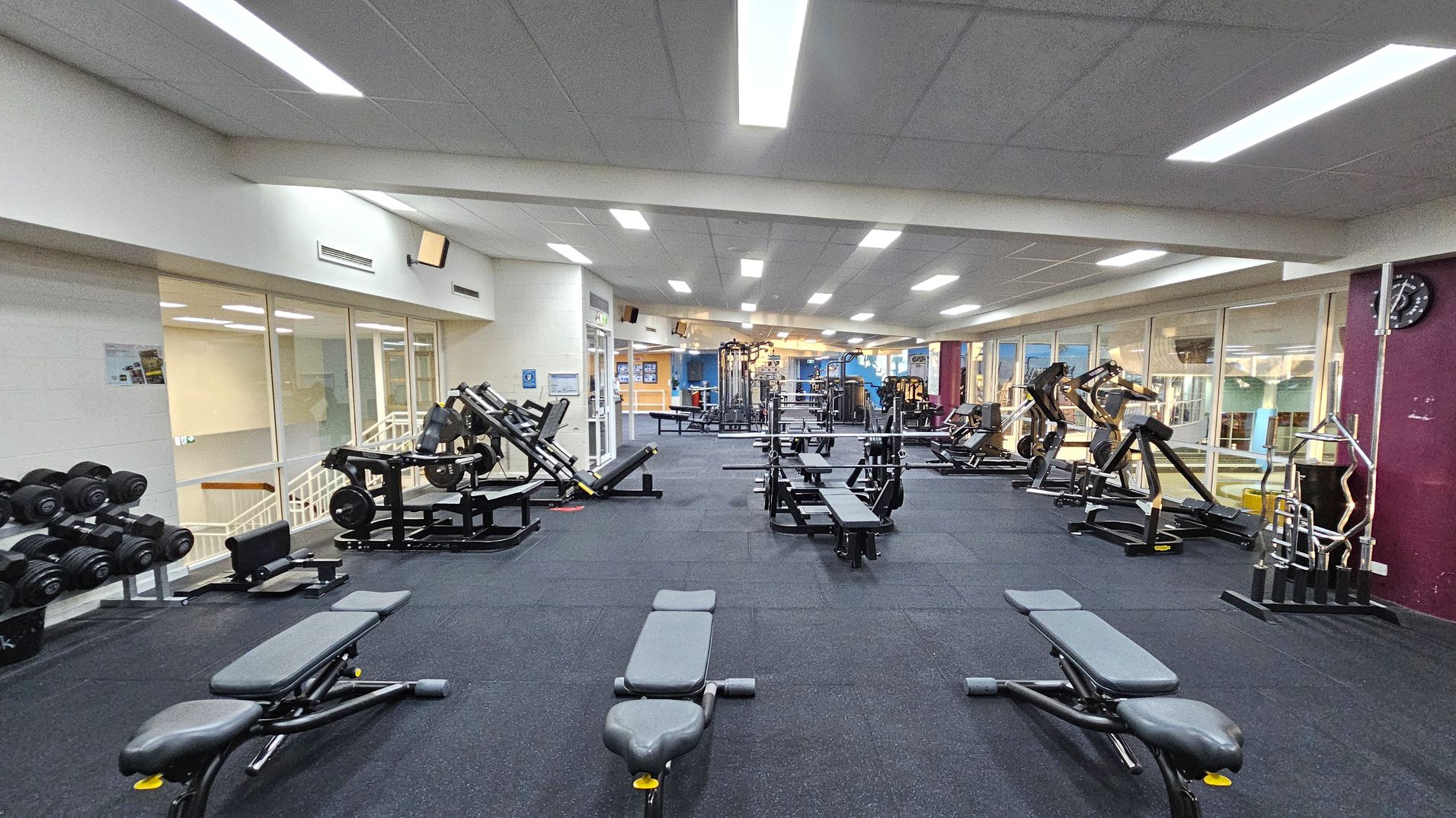 A spacious gym with a dark carpeted floor and a white ceiling with fluorescent lights. In the foreground, there are several weight benches. To the left, a rack of dumbbells is visible. The middle area features various weight machines and benches. On the right, more weight machines are lined up against a wall with large windows. A clock is mounted on the wall to the right. The background shows additional gym equipment and a reception area with blue and orange walls. A spacious gym with a dark carpeted floor and a white ceiling with fluorescent lights. In the foreground, there are several weight benches. To the left, a rack of dumbbells is visible. The middle area features various weight machines and benches. On the right, more weight machines are lined up against a wall with large windows. A clock is mounted on the wall to the right. The background shows additional gym equipment and a reception area with blue and orange walls.