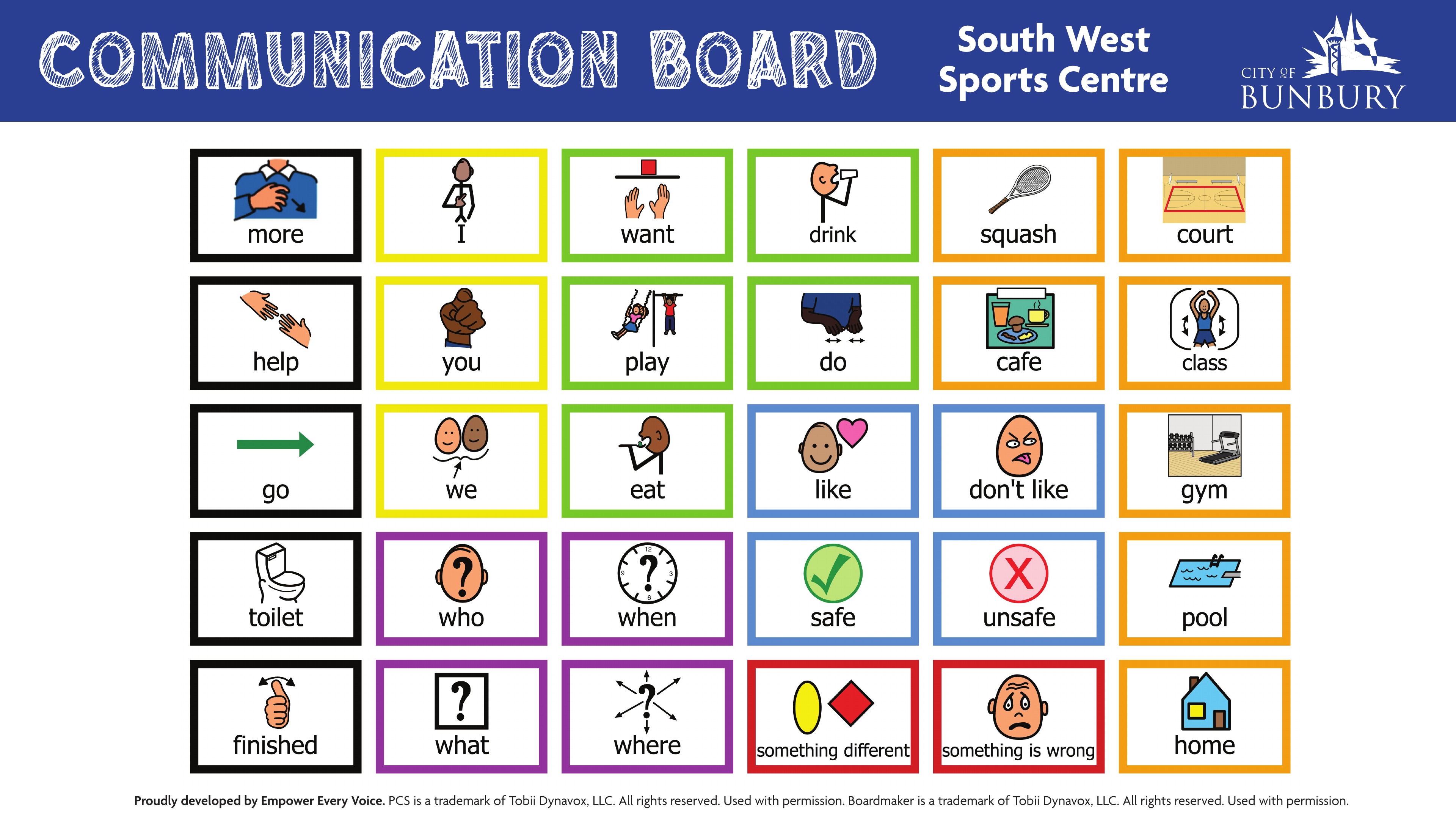 South West Sports Centre Communication Board for non-verbal visitors to support participation.