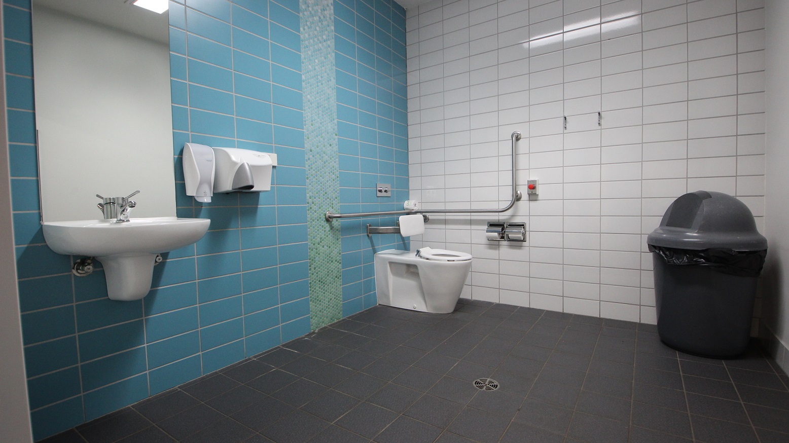 Another accessible bathroom at Splash Devonport. On the blue tiled wall are the wash basin, a large mirror, a liquid soap dispenser, and a hand dryer. This bathroom has a grey and black large rubbish bin placed opposite the toilet bowl with a white cushion to support the back of guests. Metal handles for tissue are mounted on the white tiled wall. Another accessible bathroom at Splash Devonport. On the blue tiled wall are the wash basin, a large mirror, a liquid soap dispenser, and a hand dryer. This bathroom has a grey and black large rubbish bin placed opposite the toilet bowl with a white cushion to support the back of guests. Metal handles for tissue are mounted on the white tiled wall.