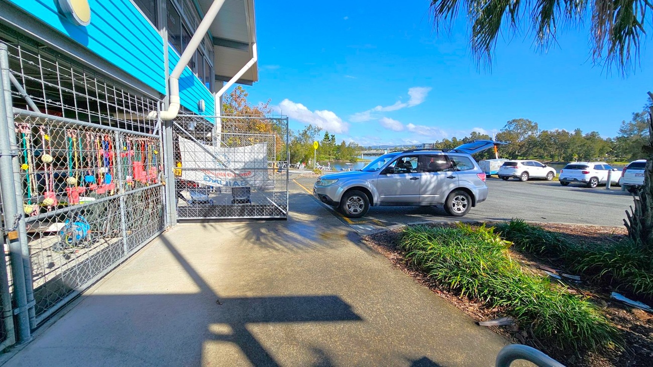 On the left, a blue building with a chain-link fence displaying various colourful items. In the middle, a silver SUV with its boot open is parked on a paved area. On the right, several white cars are parked along the road. In the background, there are trees and a body of water. The foreground features a concrete path with shadows and some green plants. On the left, a blue building with a chain-link fence displaying various colourful items. In the middle, a silver SUV with its boot open is parked on a paved area. On the right, several white cars are parked along the road. In the background, there are trees and a body of water. The foreground features a concrete path with shadows and some green plants.