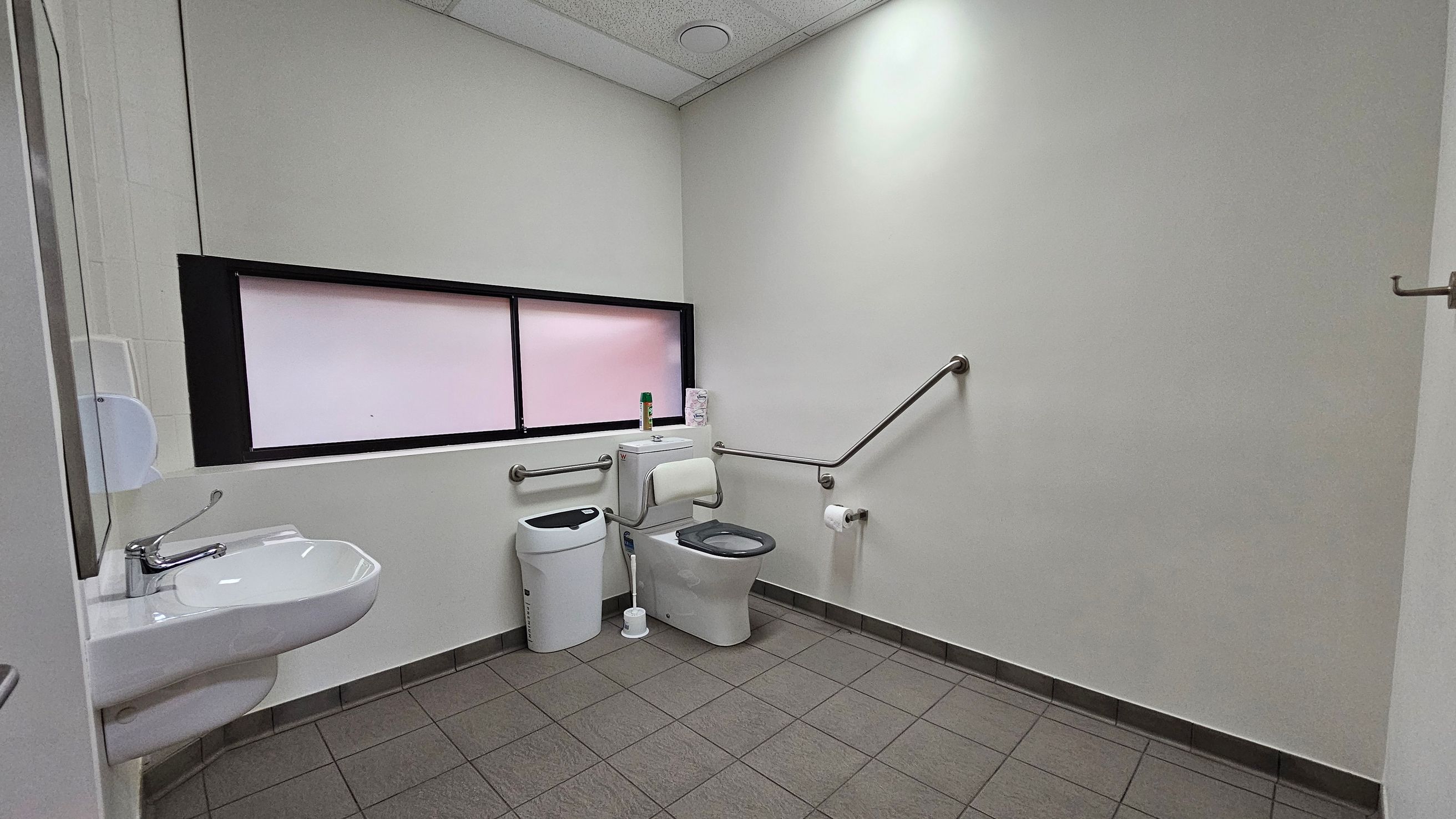 A public restroom with grey tiled flooring and a white ceiling. On the left, a white sink with a silver tap is mounted on the wall, accompanied by a soap dispenser. In the centre, a toilet with a grey seat is positioned next to a sanitary bin and a toilet brush. Above the toilet, a window with frosted glass is visible. Grab bars are installed on the walls near the toilet, and a toilet roll holder is mounted on the right wall. A public restroom with grey tiled flooring and a white ceiling. On the left, a white sink with a silver tap is mounted on the wall, accompanied by a soap dispenser. In the centre, a toilet with a grey seat is positioned next to a sanitary bin and a toilet brush. Above the toilet, a window with frosted glass is visible. Grab bars are installed on the walls near the toilet, and a toilet roll holder is mounted on the right wall.