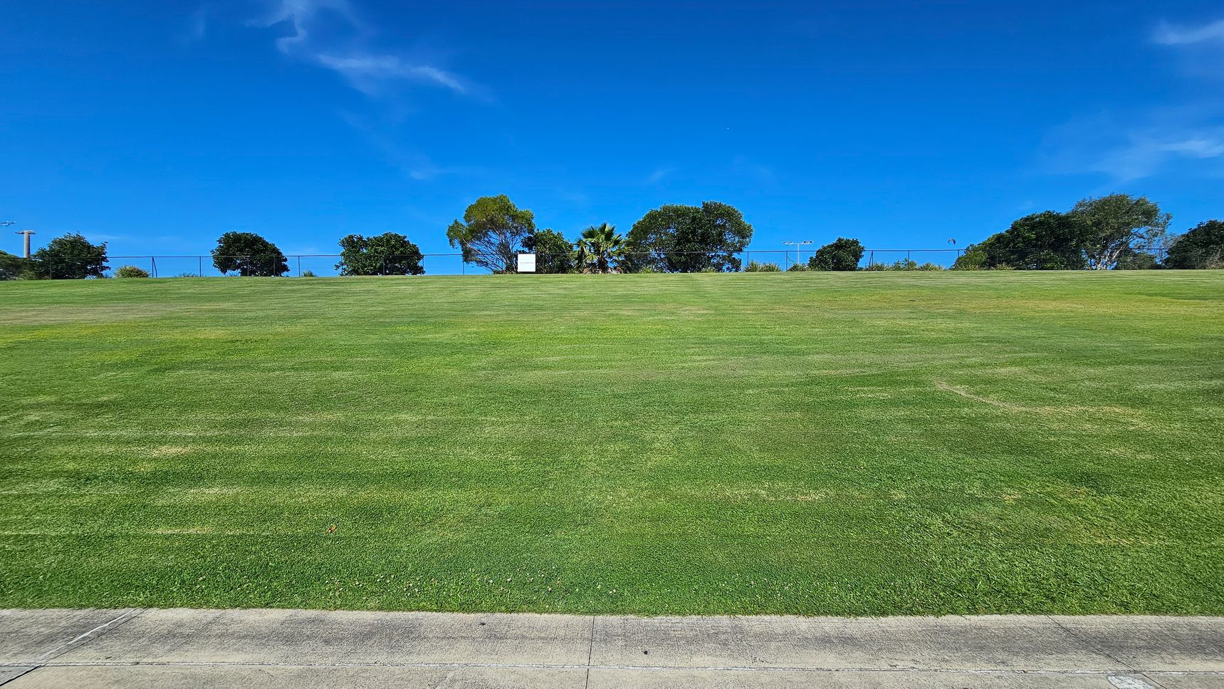A wide expanse of green grass stretches across the foreground, with a concrete path at the bottom edge. In the background, a row of trees lines the horizon, with a few scattered structures visible among them. The sky is clear and blue above.