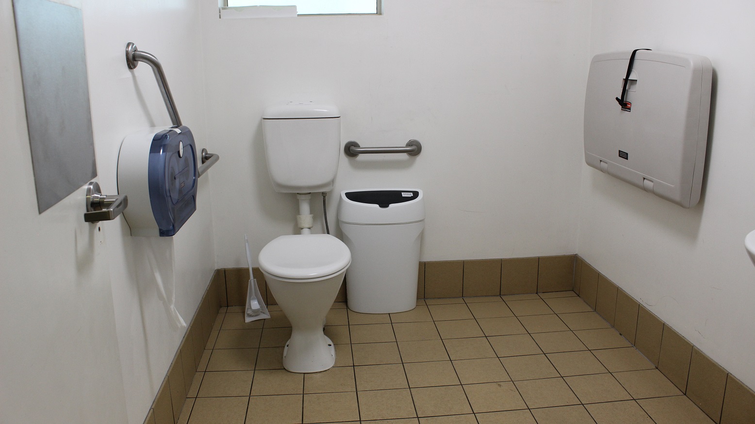 A view of a grey-tailed and white-walled bathroom with two grab rails on the left separated by an enclosed tissue closet. A rubbish bin and a grab rail are on the right of the toilet. On the left is an enclosed changing table . A view of a grey-tailed and white-walled bathroom with two grab rails on the left separated by an enclosed tissue closet. A rubbish bin and a grab rail are on the right of the toilet. On the left is an enclosed changing table .