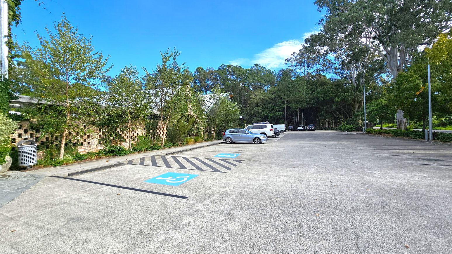 A car park with several vehicles on the right, including a silver car and a white van. The foreground has marked disabled parking spaces with blue symbols. On the left, there is a brick wall with small square openings, partially covered by greenery and trees. A metal rubbish bin is near the wall. The background features tall trees and a wooded area, with a few streetlights along the edge of the car park. The ground is paved with concrete. A car park with several vehicles on the right, including a silver car and a white van. The foreground has marked disabled parking spaces with blue symbols. On the left, there is a brick wall with small square openings, partially covered by greenery and trees. A metal rubbish bin is near the wall. The background features tall trees and a wooded area, with a few streetlights along the edge of the car park. The ground is paved with concrete.