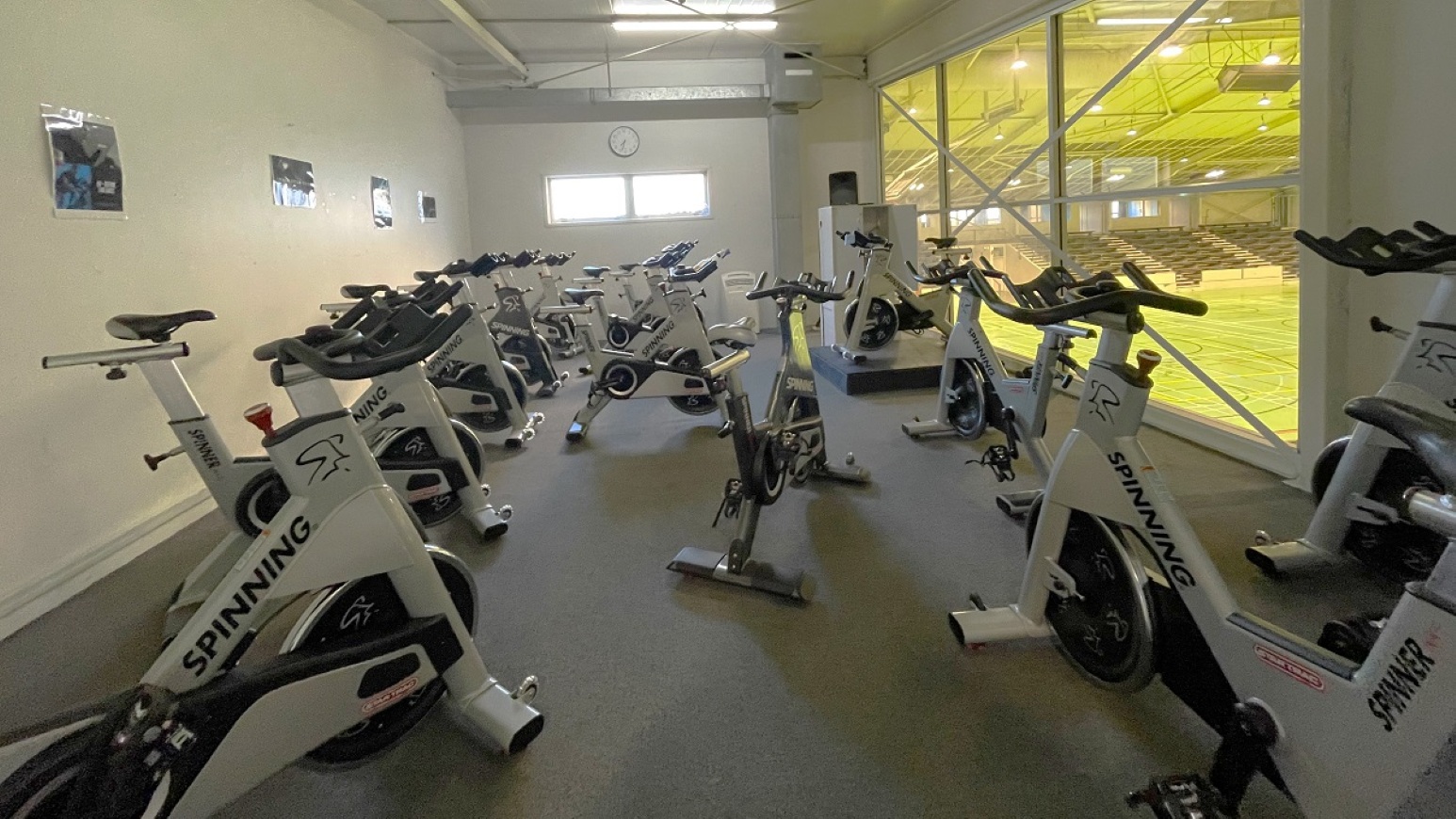 Bicycle spin classroom.  Gymnasium Upper Level. Trust House Recreation Centre – Masterton.  A room filled with stationary spinning bikes arranged in rows on a grey carpeted floor. The bikes are white with black accents and the word "SPINNING" on the frames. On the right, large windows reveal a view of an indoor sports hall with a yellowish tint. The walls are light-coloured, and there are a few framed pictures hanging. A clock is mounted on the far wall above a small window.