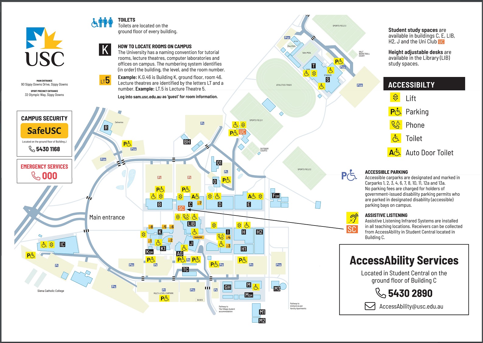 A map of USC highlights key places and contact information. The parking area connects to the restroom and elevators on the left The main entrance is on the right, while accessible parking is on the left. Numbered structures on campus include classrooms, study areas, and restrooms. They are connected to the sports section on the left via a staircase or elevator. The stadium building has a gym and overlooks the 50m pool on the left and a parking area on the right. A map of USC highlights key places and contact information. The parking area connects to the restroom and elevators on the left The main entrance is on the right, while accessible parking is on the left. Numbered structures on campus include classrooms, study areas, and restrooms. They are connected to the sports section on the left via a staircase or elevator. The stadium building has a gym and overlooks the 50m pool on the left and a parking area on the right.