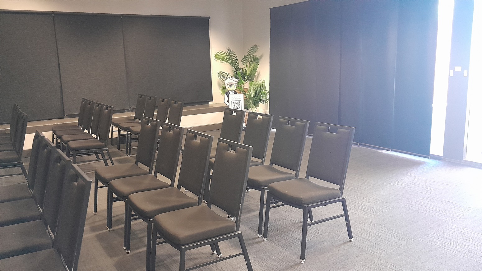 On the left, there are rows of black chairs facing forward, with a wall featuring large black roller blinds. On the right, there are more rows of black chairs and a wall with black curtains partially open, revealing a bright light. In the middle, there is a potted plant with broad leaves placed on a small table. The floor is covered in dark grey carpet, and the ceiling is white with recessed lights. On the left, there are rows of black chairs facing forward, with a wall featuring large black roller blinds. On the right, there are more rows of black chairs and a wall with black curtains partially open, revealing a bright light. In the middle, there is a potted plant with broad leaves placed on a small table. The floor is covered in dark grey carpet, and the ceiling is white with recessed lights.