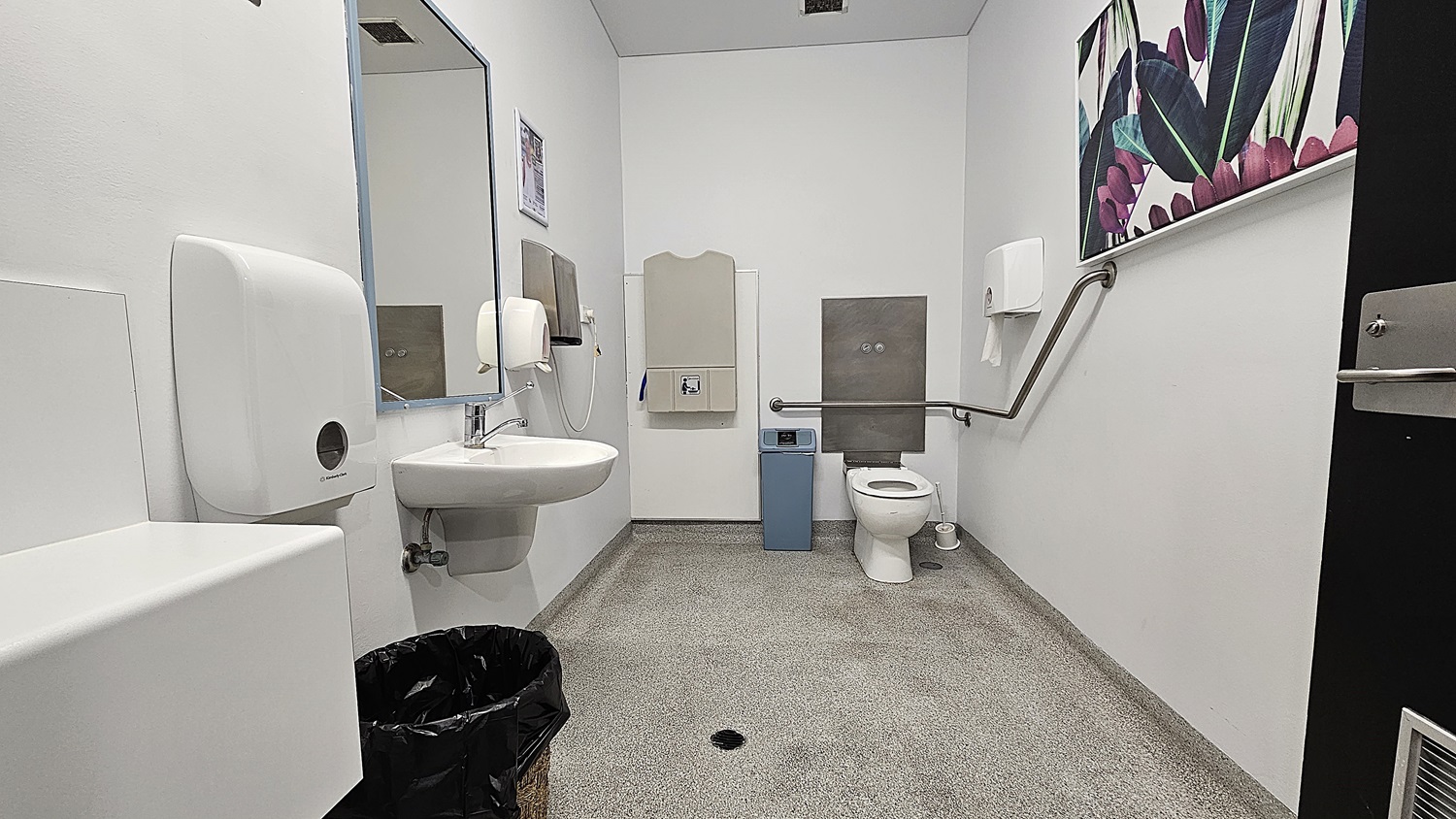 On the left, there is a white wall-mounted soap dispenser, a sink with a mirror above it, and a black bin on the floor. On the right, there is a white toilet with a grey grab rail next to it, a white toilet paper dispenser, and a colourful framed picture above. In the middle, there is a grey hand dryer and a blue bin. The floor is covered in grey speckled tiles, and the ceiling is white with recessed lighting. On the left, there is a white wall-mounted soap dispenser, a sink with a mirror above it, and a black bin on the floor. On the right, there is a white toilet with a grey grab rail next to it, a white toilet paper dispenser, and a colourful framed picture above. In the middle, there is a grey hand dryer and a blue bin. The floor is covered in grey speckled tiles, and the ceiling is white with recessed lighting.