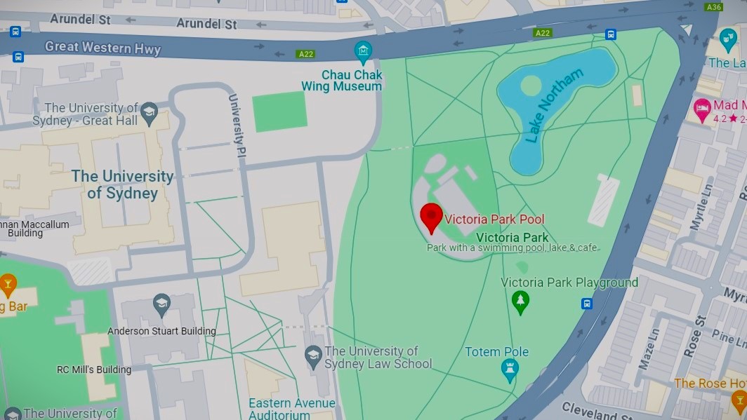 A map showing the location of Victoria Park Pool. Based on the map, Victoria Park Pool is situated on the intersection of City Road and Parramatta Road, centrally positioned within Victoria Park, adjacent to Lake Northam and Victoria Park Playground. A map showing the location of Victoria Park Pool. Based on the map, Victoria Park Pool is situated on the intersection of City Road and Parramatta Road, centrally positioned within Victoria Park, adjacent to Lake Northam and Victoria Park Playground.