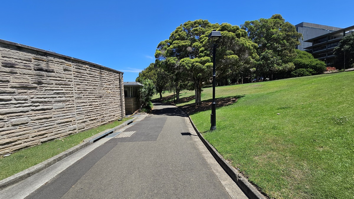 The path, designed with water drainage, curves to the left. On the left side, there's a brick wall and a brick structure. On the right, a hillside is covered with well-maintained grass. Trees and lamp posts line the road. At the top of the hillside, more trees and commercial buildings are visible. The path, designed with water drainage, curves to the left. On the left side, there's a brick wall and a brick structure. On the right, a hillside is covered with well-maintained grass. Trees and lamp posts line the road. At the top of the hillside, more trees and commercial buildings are visible.