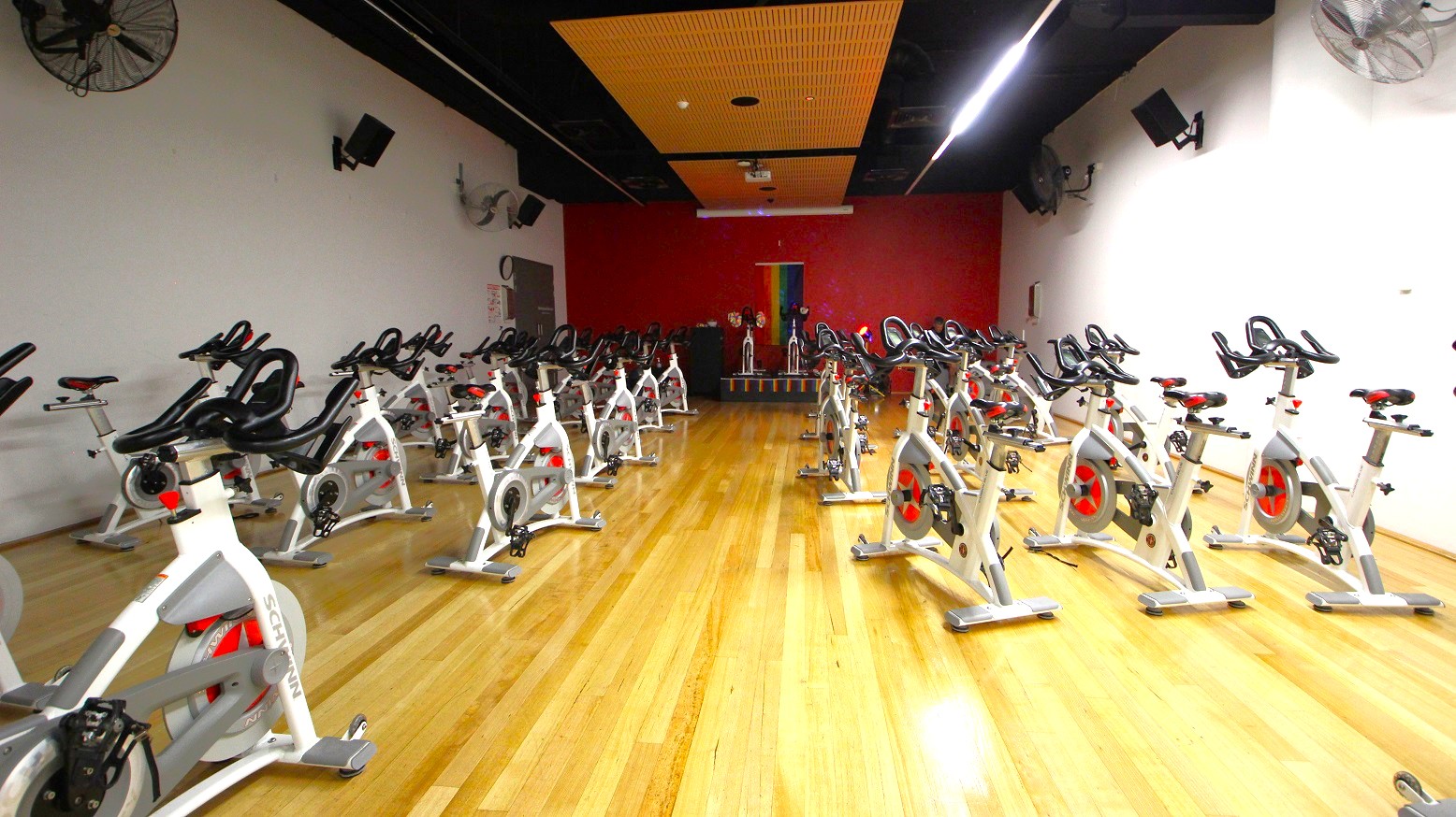 A spacious indoor cycling studio with numerous stationary bikes arranged in rows on a polished wooden floor. The walls are white, with a vibrant red accent wall at the back. Ceiling fans and speakers are mounted on the side walls. The ceiling features a wooden panel section in the centre. At the back, there is a small stage with additional bikes and a colourful vertical banner. The room is well-lit, creating a bright atmosphere. A spacious indoor cycling studio with numerous stationary bikes arranged in rows on a polished wooden floor. The walls are white, with a vibrant red accent wall at the back. Ceiling fans and speakers are mounted on the side walls. The ceiling features a wooden panel section in the centre. At the back, there is a small stage with additional bikes and a colourful vertical banner. The room is well-lit, creating a bright atmosphere.