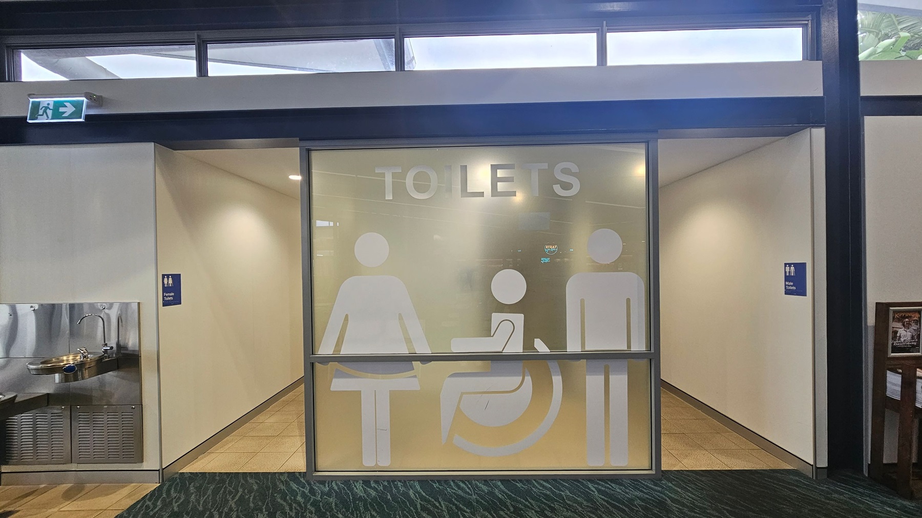Frosted glass doors with large icons indicating male, female, and accessible toilets. Above the doors, "TOILETS" is written. To the left, a drinking fountain is mounted on the wall. On the right, a hallway leads to the male toilets, marked by a blue sign. The floor is carpeted in a dark pattern, and the ceiling has recessed lighting. An emergency exit sign is visible above the doors.