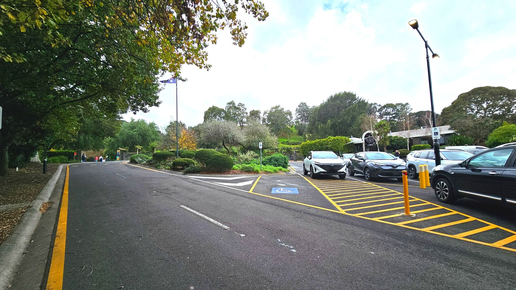 A paved road curves gently to the left, bordered by a yellow line. On the right, a row of parked cars is visible, with a designated disabled parking space marked by blue paint and yellow diagonal lines. Tall street lamps line the parking area. Lush greenery, including trees and shrubs, surrounds the area, providing a natural boundary. A flagpole stands near the road, and a building is partially visible in the background.
