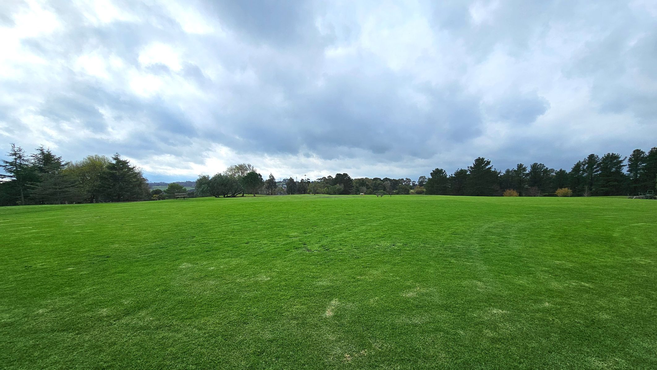 A vast, open grassy field stretches across the image, bordered by a line of dense trees in the distance. The grass is lush and evenly cut, creating a smooth, continuous surface. The trees form a natural boundary, giving a sense of enclosure to the otherwise open space. There are no visible pathways, structures, or signage, emphasising the simplicity and natural setting of the area.