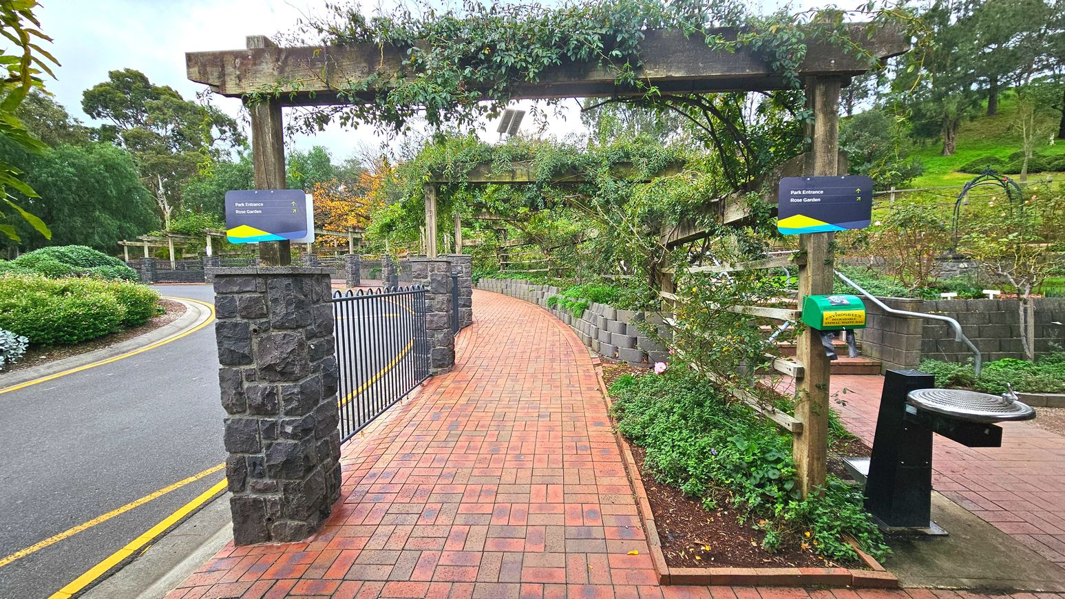 A brick pathway curves gently to the right, bordered by a low stone wall and lush greenery. Wooden pergolas with climbing plants arch over the path, creating a natural canopy. Two signs are mounted on the pergola posts, indicating directions to the park entrance and rose garden. A black drinking fountain is positioned on the right, near a green dog waste bag dispenser. A metal fence separates the path from an adjacent road with yellow lines.