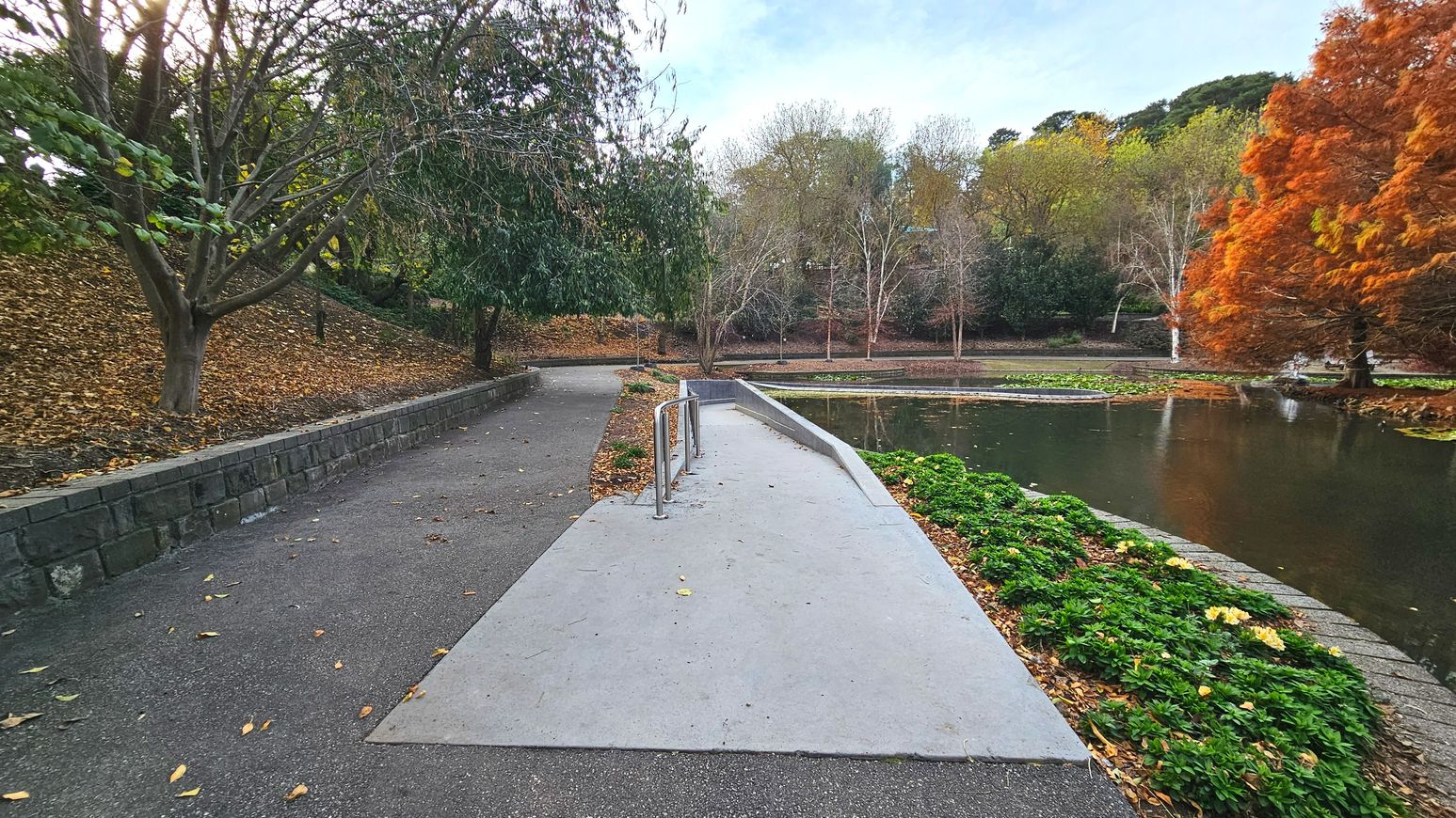 A paved path curves gently alongside a tranquil pond bordered by low stone walls. On the left, a sloped grassy area is covered with fallen leaves and lined with trees, some with bare branches. A metal railing is positioned on the path near the pond, which is surrounded by green shrubs and a large tree with vibrant orange foliage. The area feels open, with a mix of natural and man-made elements.