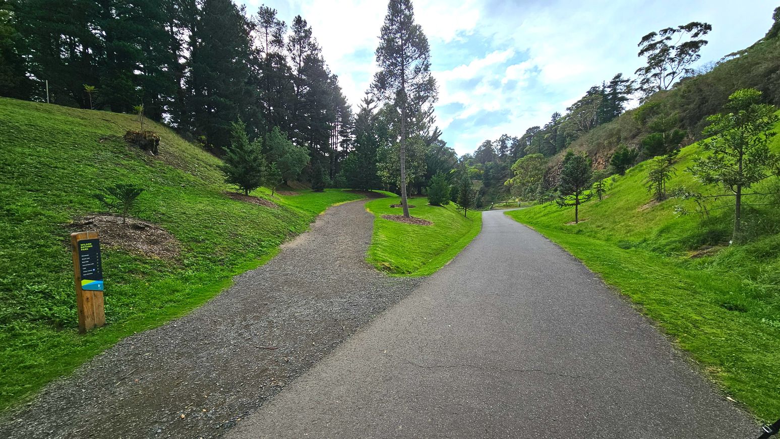 A scenic outdoor path splits into two, with a gravel trail veering left and a paved path curving right. Both paths are bordered by lush green grass and young trees. A wooden signpost with information stands on the left side near the gravel path. The area is surrounded by dense trees and gentle hills, creating a serene, natural environment.