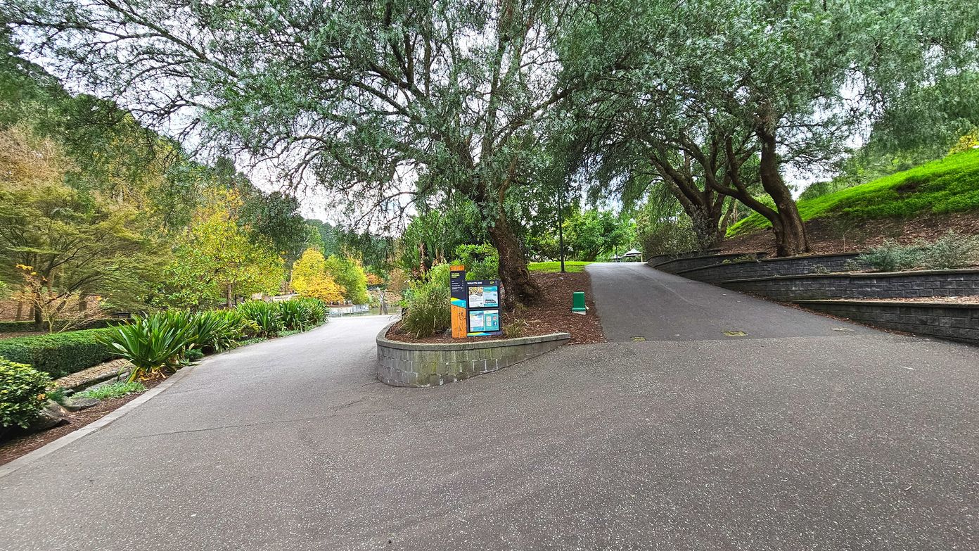 A paved path forks into two directions, bordered by lush greenery and mature trees. A prominent information board stands at the fork, surrounded by low stone walls and landscaped plants. The left path descends slightly, lined with dense foliage, while the right path ascends gently, flanked by a grassy embankment. The area feels open with clear pathways and well-maintained vegetation.