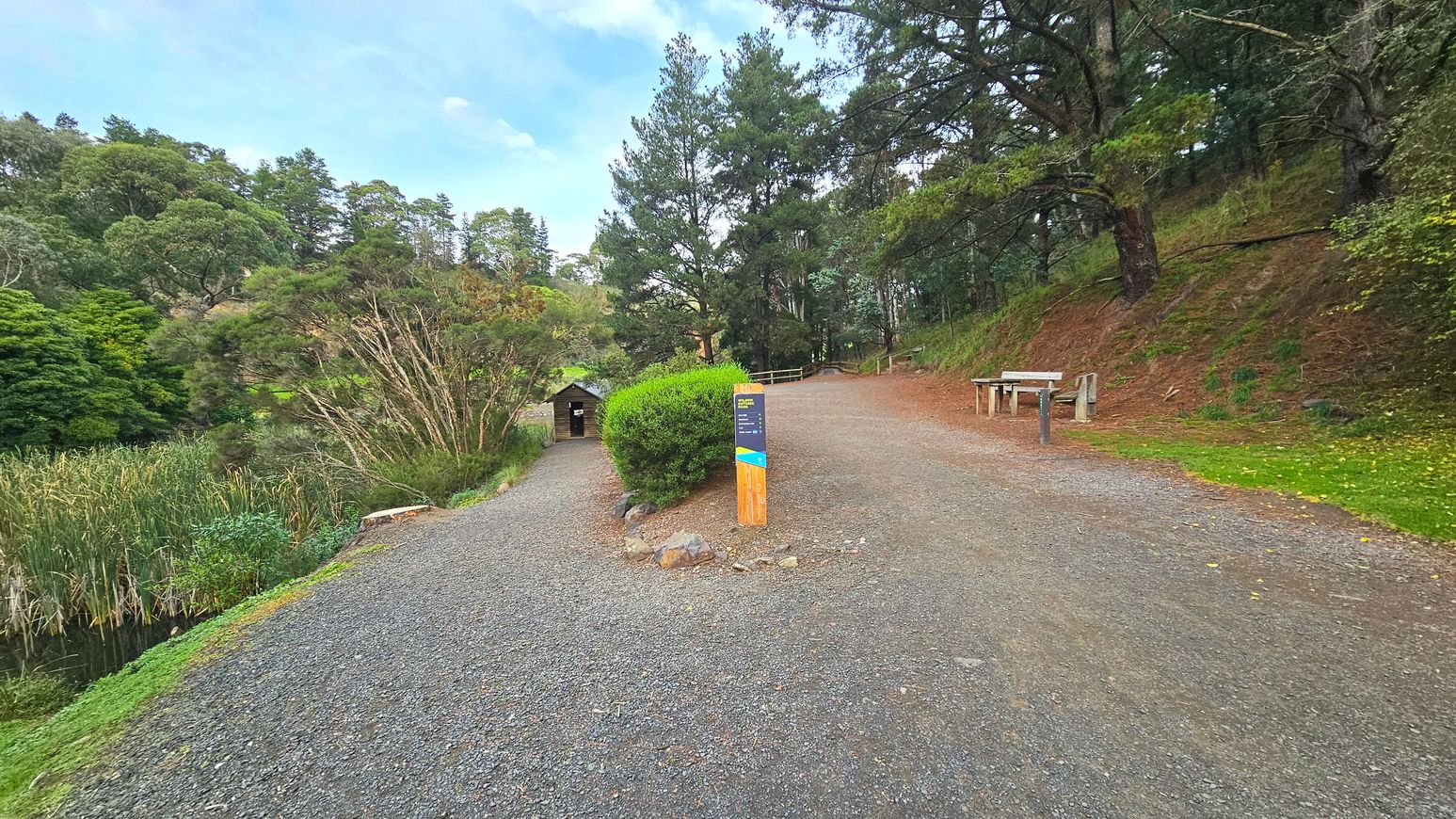 A gravel path forks into two directions, surrounded by dense greenery and tall trees. On the left, a small wooden structure is partially visible, nestled among bushes and reeds. A prominent signpost stands at the fork, providing information. To the right, a wooden bench is positioned beside the path. The area feels open, with natural boundaries formed by the trees and vegetation.