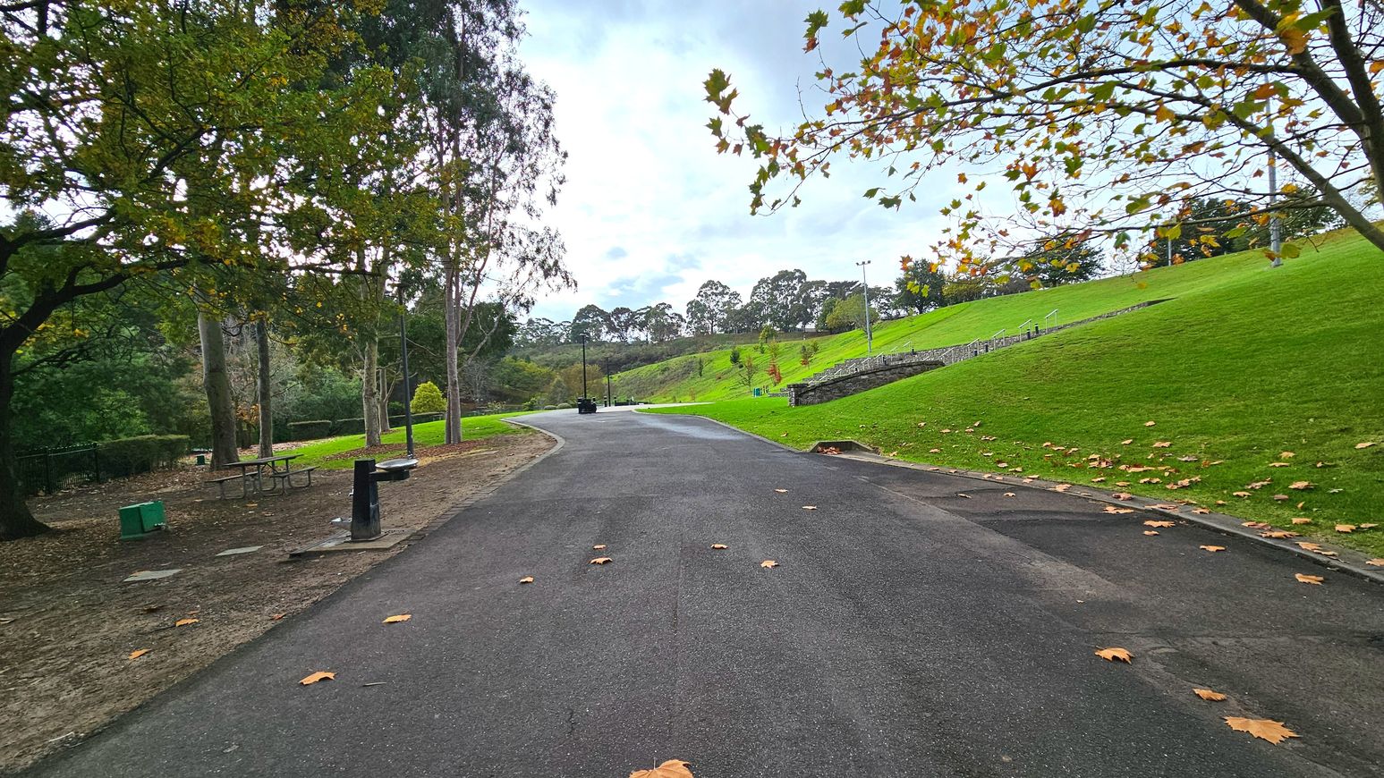 A gently curving asphalt path runs through a park, flanked by lush green grass and scattered autumn leaves. On the left, a picnic table and a water fountain are visible under leafy trees. To the right, a low stone wall follows the contour of a grassy hill. Several tall lampposts line the path, and in the distance, a line of trees marks the park's boundary.