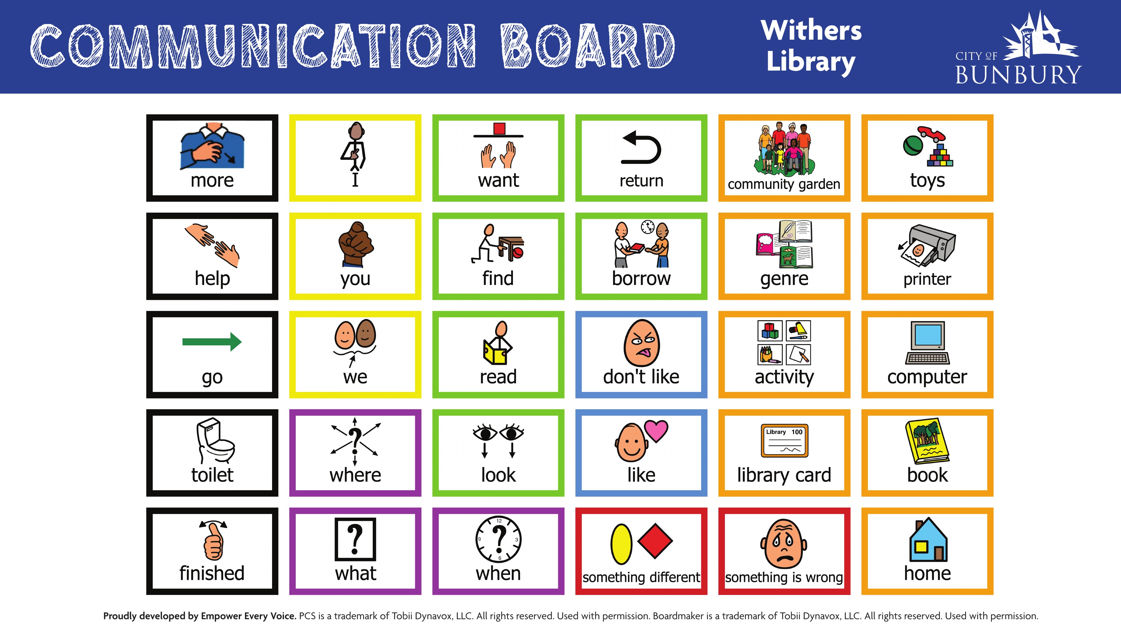 Withers Library Communication Board for non-verbal visitors to support participation.
