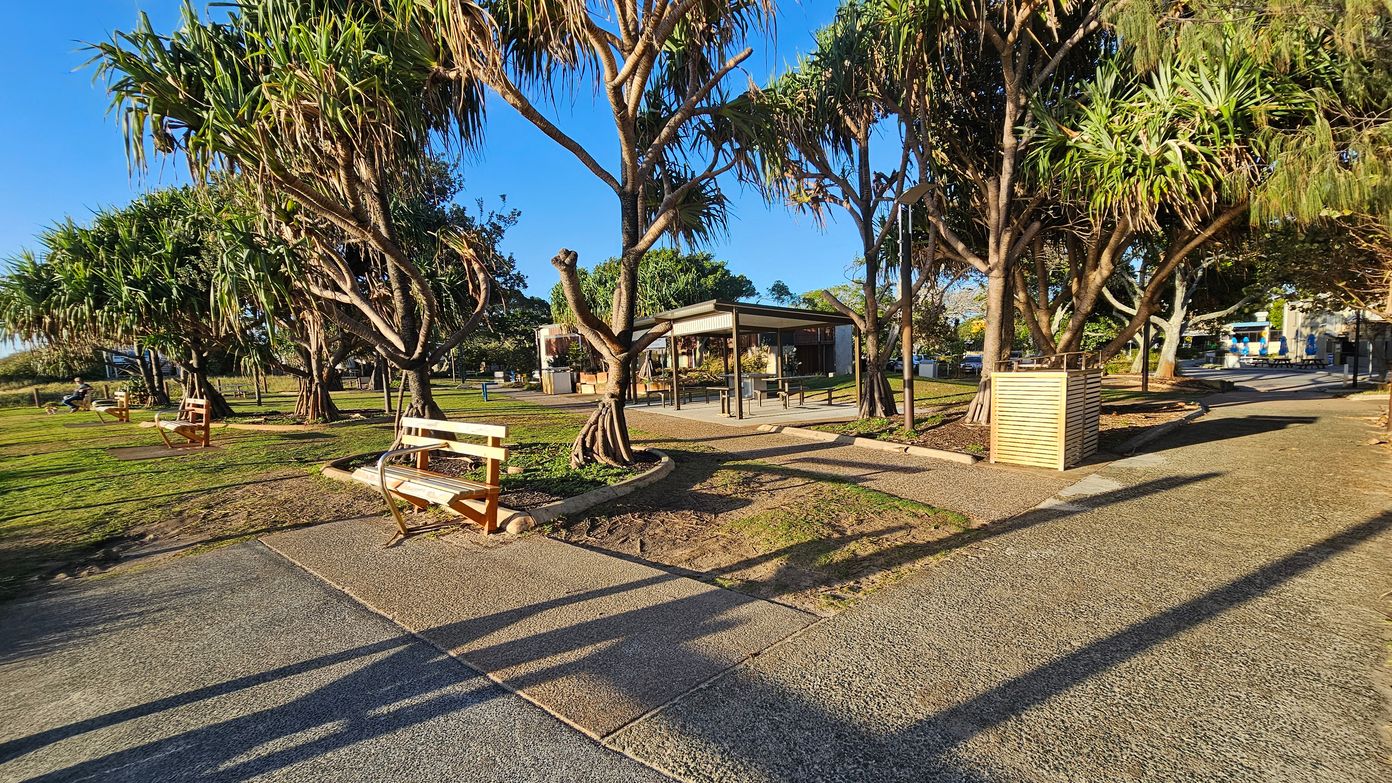 A park scene with a paved pathway running through the centre. On the left, there are several wooden benches and large trees with thick trunks and long, narrow leaves. In the middle, a sheltered area with a metal roof and picnic tables is visible. On the right, more trees and a wooden bin are present. The ground is a mix of grass and concrete, and the area is well-lit by sunlight.
